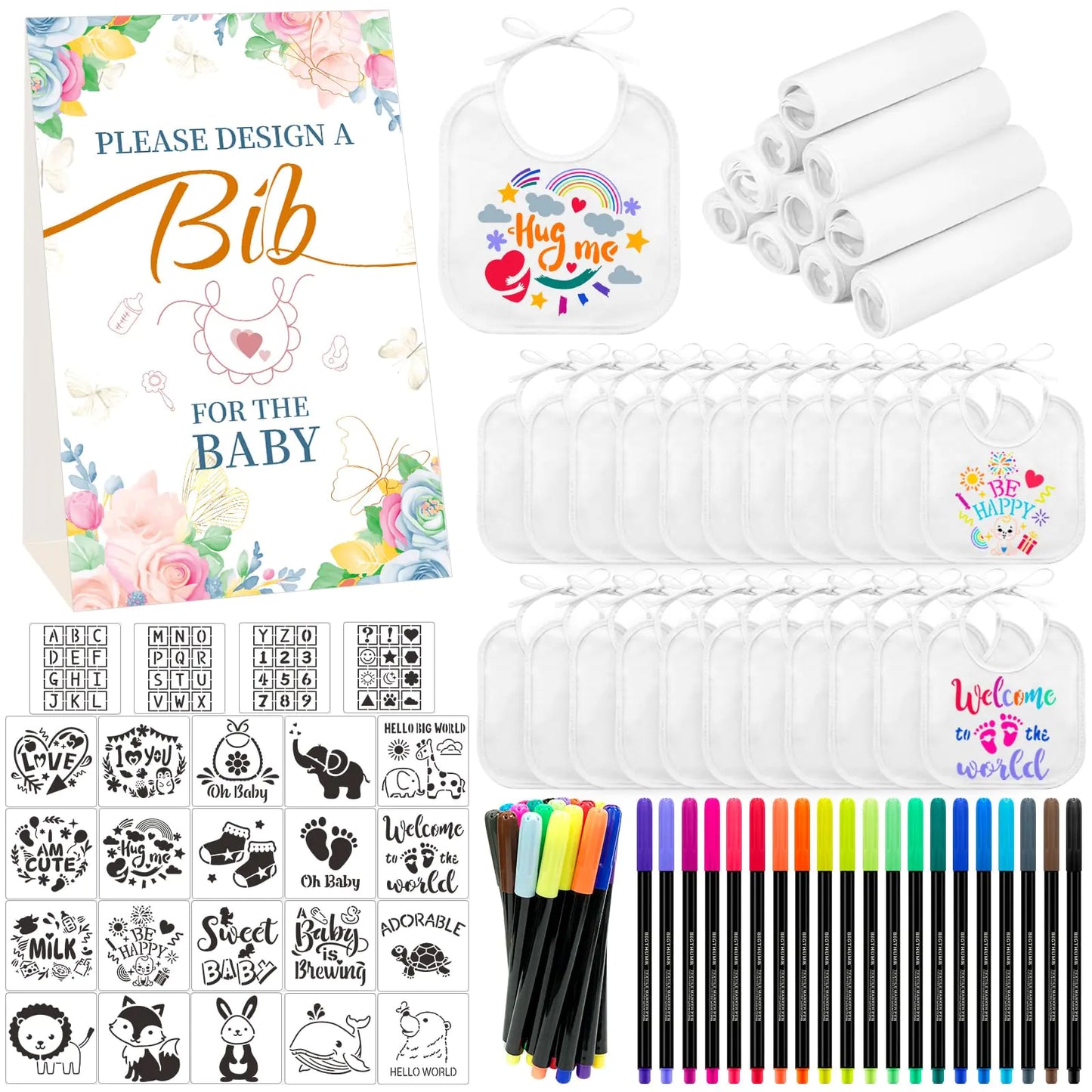 Aisharery Bibs Baby Shower Games Sign Set | Baby Feeder Bibs | Newborn Gifts Fabric Marker Stencils Kit - # BAAA21110035