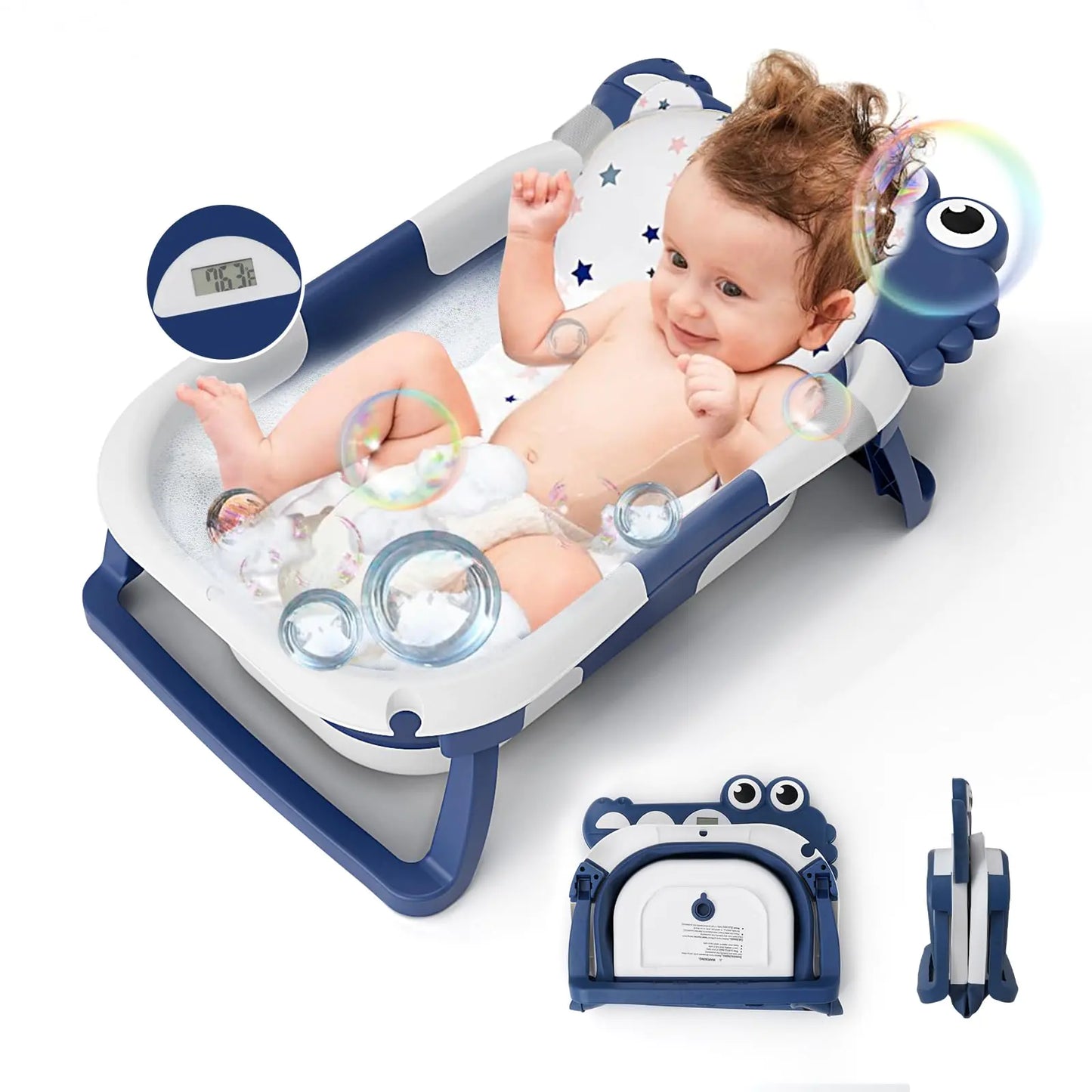 Collapsible Baby Bathtub for Infants to Toddler | With Real-time Temp Monitor | Floating Cushion | Foldable Baby Bath Tub Set | 0-36 Month | Portable Travel Baby Tub for Newborns | Boys Girls | Darkblue - # BAGE11110017