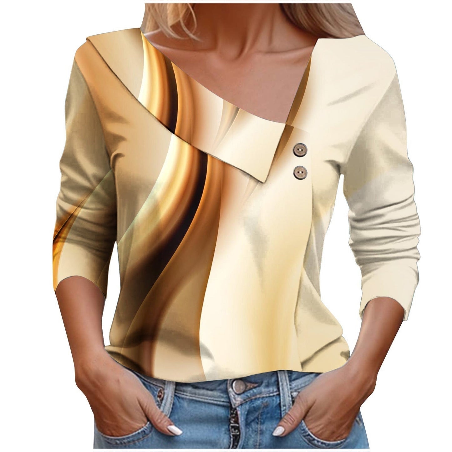 Colorful Printed V-Neck Long Sleeve T-Shirt for Women - # GIAA23510053