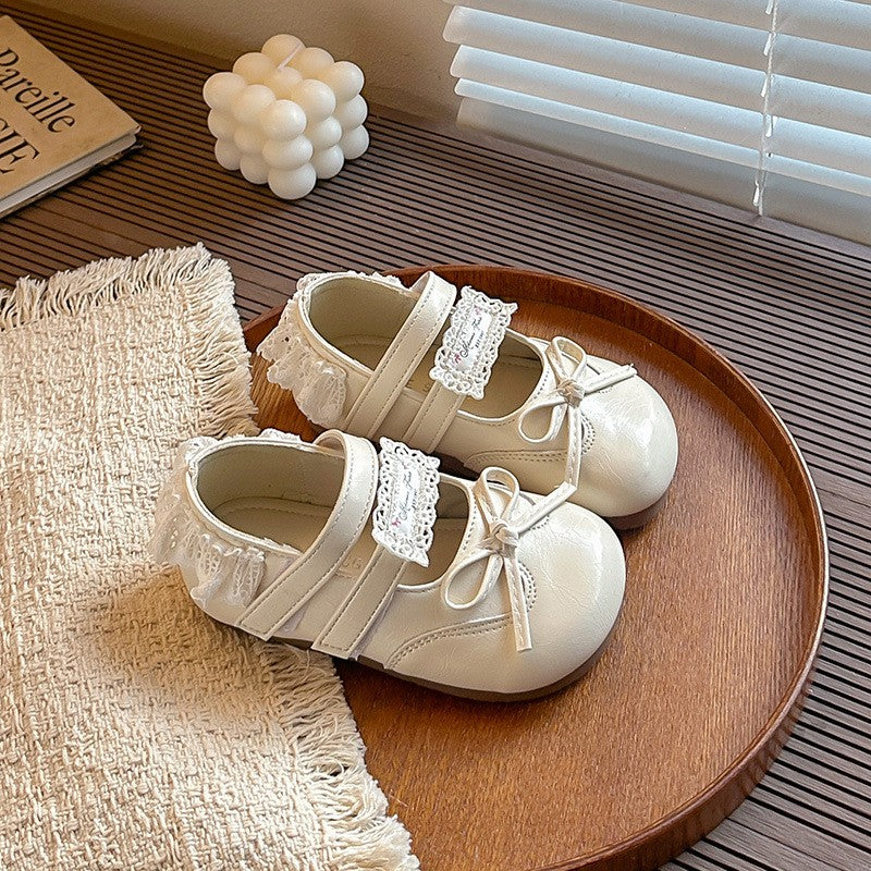 2026 Summer New Girls Mary Jane Shoes, Lace Trim Bow Decor Soft Sole Non-slip Kids Leather Fashion Flats