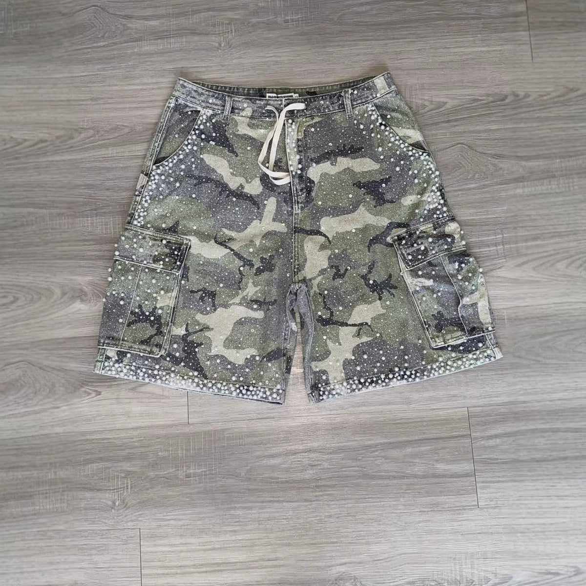 Straight-leg Rhinestone-studded Denim Shorts