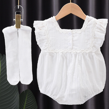Embroidered Baby Girl Romper | With Socks | For Summer - # BAAA21110041