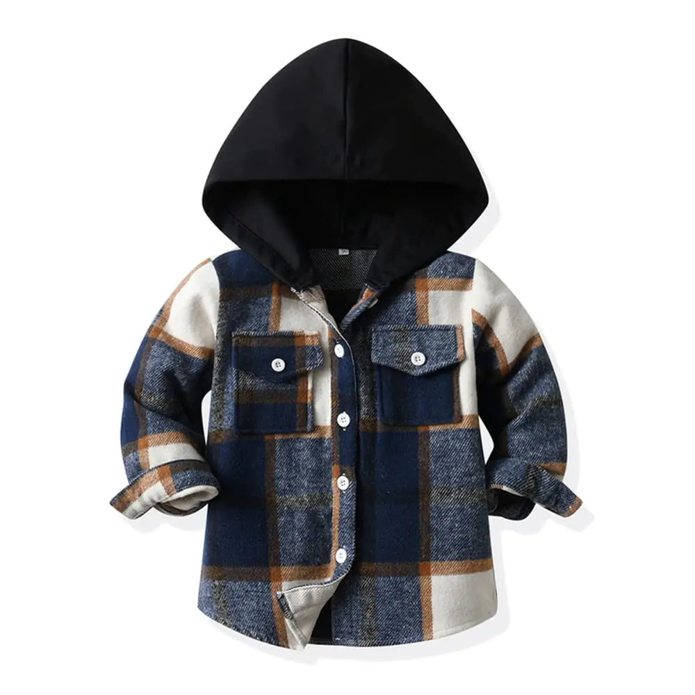Feidoog Toddler Baby Boys and Girls Plaid Shirts Hooded Jacket-Long Sleeve Lapel Button Down Shirt-Top Outwear Clothes-Dark Blue- 2-3T - # BAAA61110010
