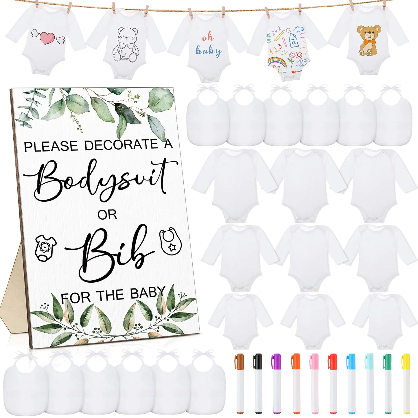 Hoosige 43 Pcs Baby Shower Games | White Baby Bodysuit | Decorating Kit Bibs | Design Games Prizes | Include Wooden Game Sign | With 15 Blank White Bibs & 15 Newborn Bodysuit | 12 Marker for Baby Shower - # BAAA21110036