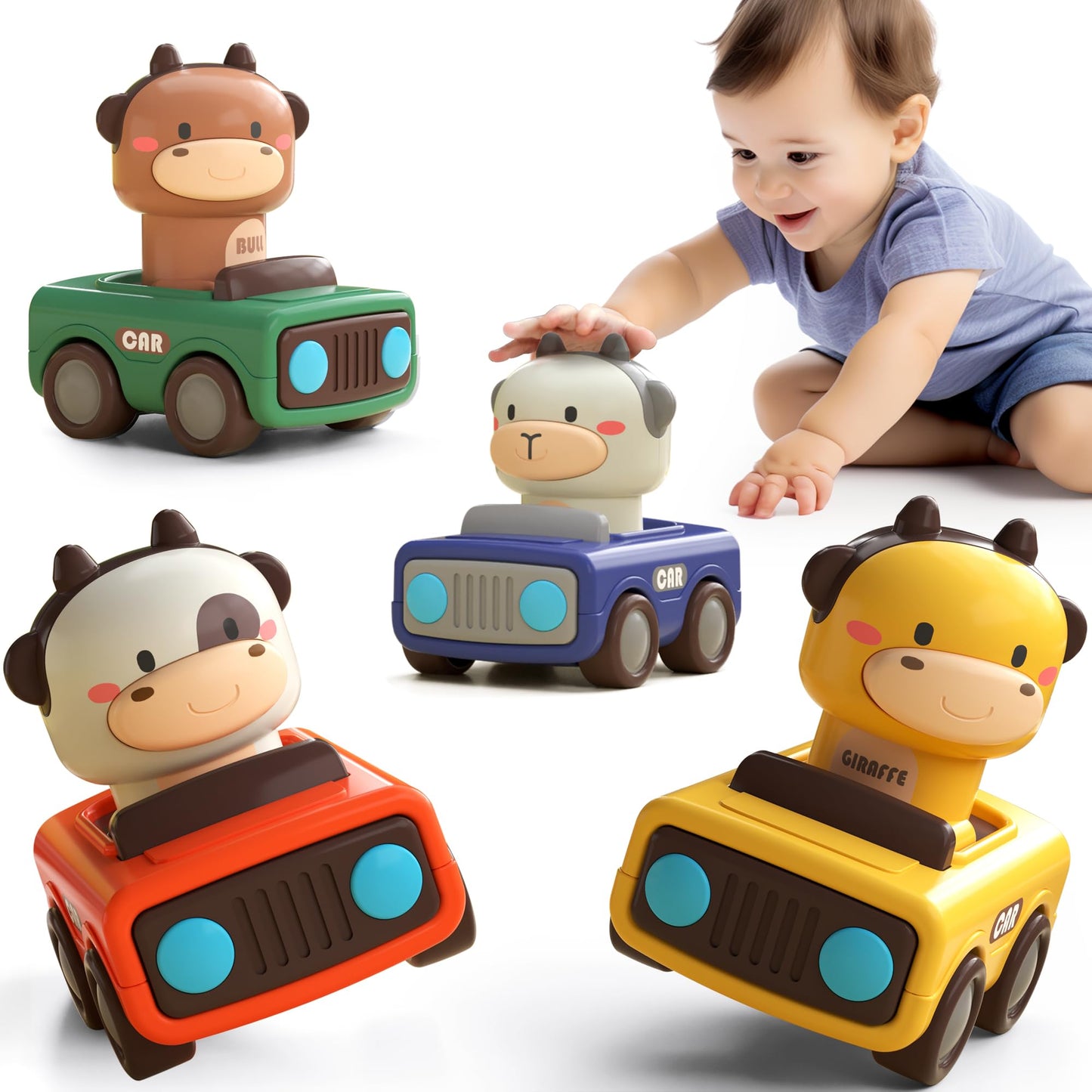 iPlay | iLearn | Press and Go Car Toys for Toddlers 1-3 | Baby Animal Racing Cars| Infant Play Vehicle Set | Baby Push Go Friction Car Toys - # BAGE81110012