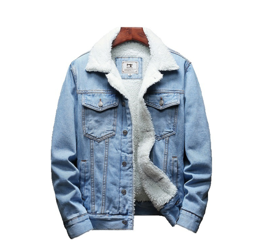 Men's Fleece-Lined Denim Jacket with Lambswool Lining - # BOAA131010001