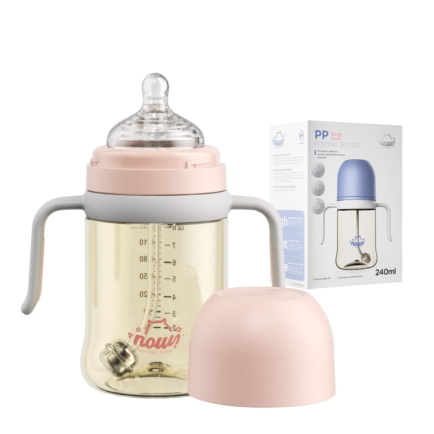 Nouri Natural Flow Anti-Colic Baby Bottle | With Natural Response Nipple | Baby Bottle 3 Month+ | Baby Bottle Slow Flow Wide Neck Bottle 8oz/240ml | Breastfeeding Newborn Colic Baby Relief Balance Bottle - # BAGE21810012