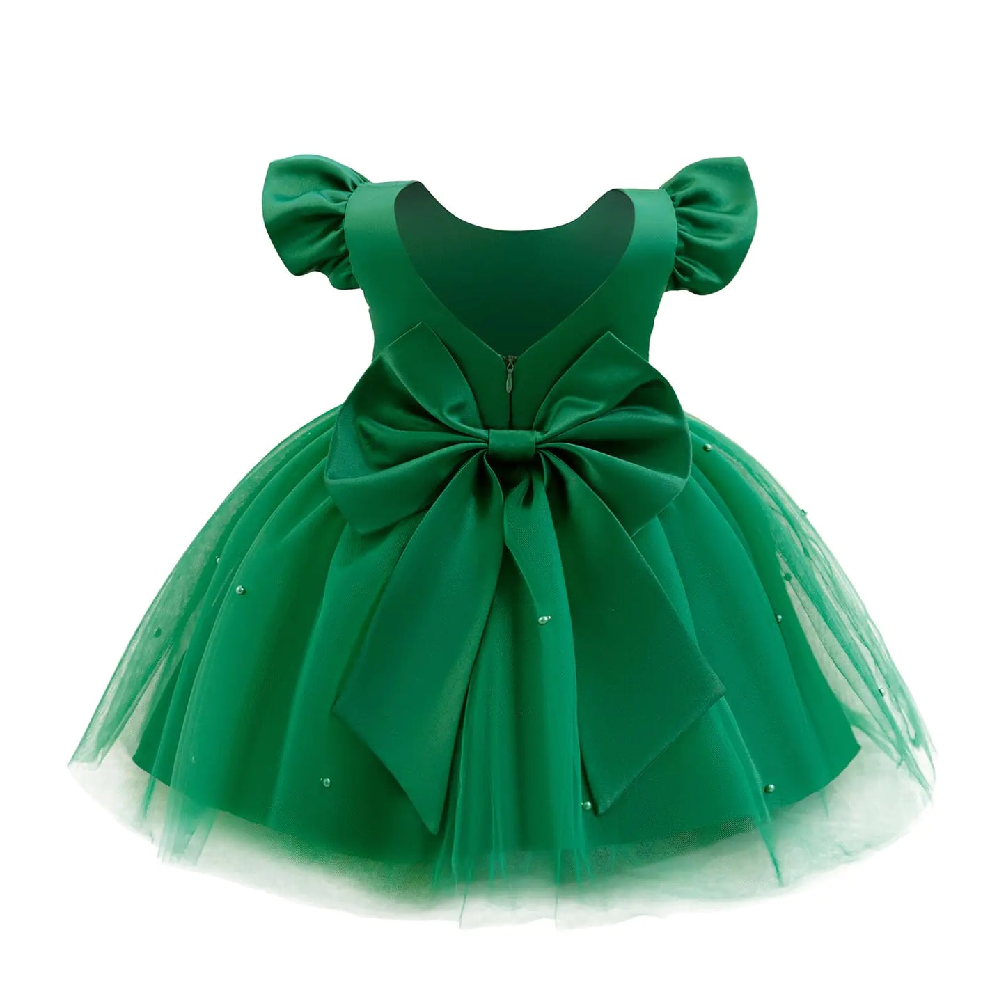 OBEEII | Baby Girl Party Dress | Infant Flower Girl Dress | Ruffle Sleeve Satin Pearls Tulle | Tutu Dress Bowknot | V Back-Pageant -Wedding -Birthday-Formal Party Dresses - Green - 12-18 Months - - # BAAA51110004