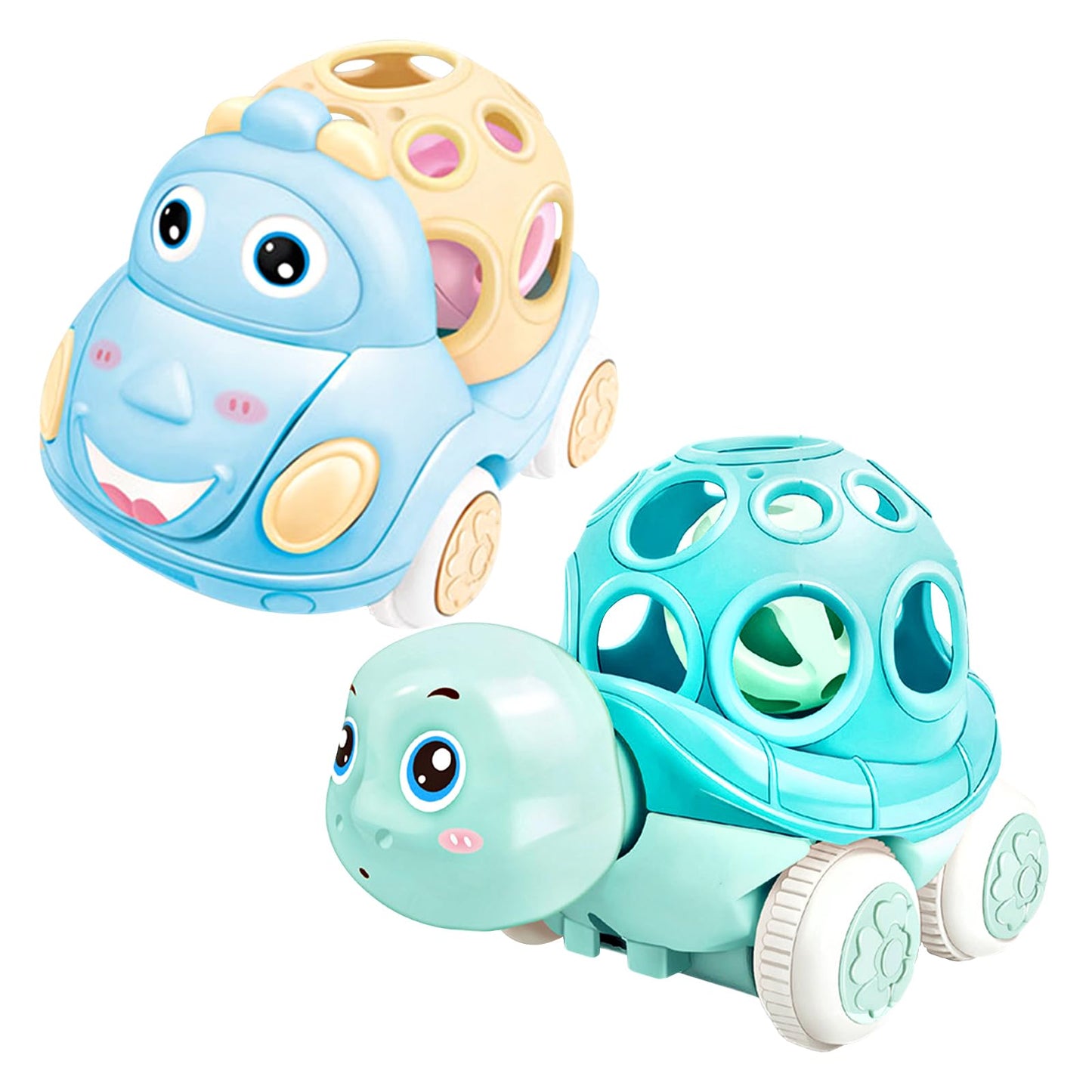 ONEST 2 Pieces Baby Toy Cars | For Babies | Infant Soft Rubber Push and Go Toy Car | For Toddler Boy & Girl | Rattle Roll Truck | Wind Up Cars for Infants Gift | Blue Car Toys for Baby Boys, Girls Gift - # BAGE81110010