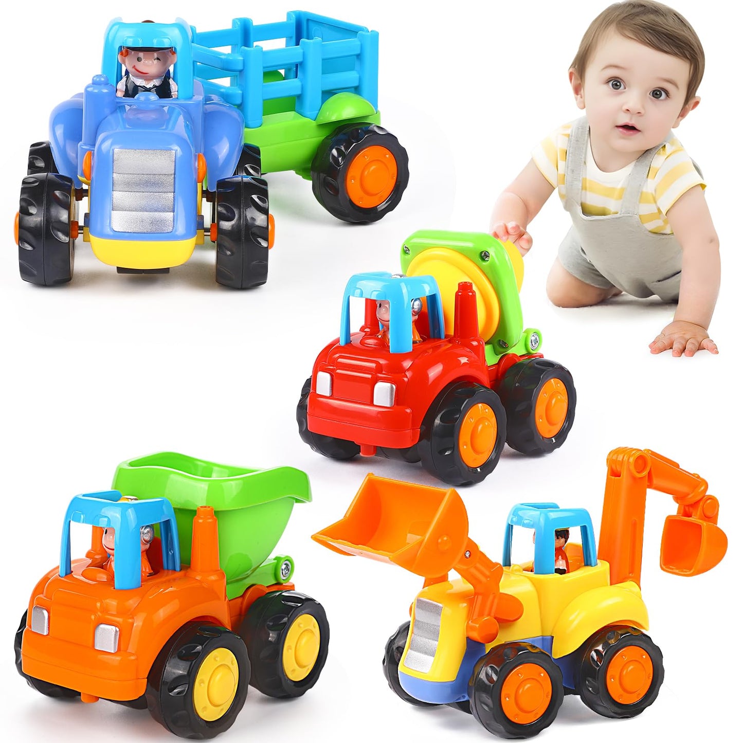 ORWINE Inertia Toy | Early Educational Toddler Baby Toy | Friction Powered Cars Push and Go Cars | Tractor, Bulldozer Dumper, Cement Mixer, Engineering Vehicles | Toys for Children | Boys Girls | Kids Gift 4PCS - # BAGE81110009