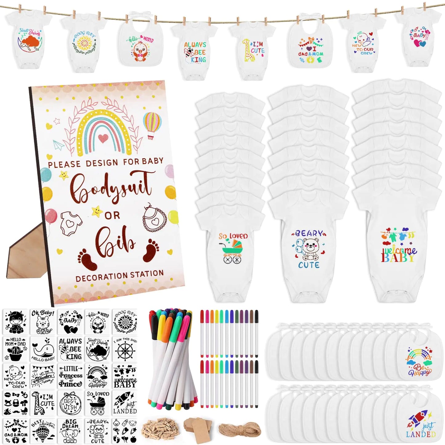 Pydeeirom 201 Pcs Baby Shower Set | Baby Shower Game Sign | Baby Bib & Bodysuit | White Baby Bib | Newborn Bodysuit | Baby Shower | White Onesie Decorating Kit (Rainbow) - # BAAA21110033