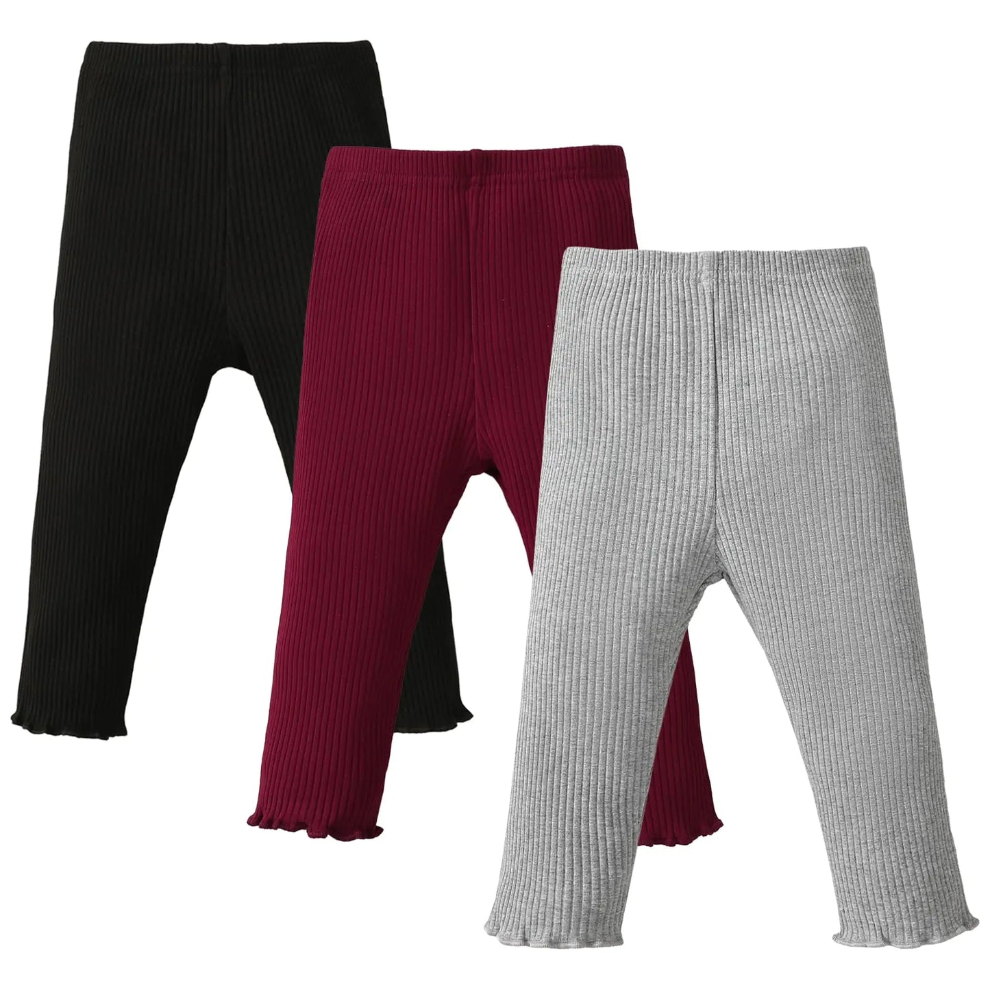 SOBOWO 3-6 Month Girl Pants Ribbed Leggings Baby Girl Pants Toddler Girls Solid Ribbed Pants 3 Pack Ruffle Elastic Waist Bottoms Leggings Fall Winter Clothes(Black/Wine Red/Gray 3-6 Months) - # BAAA1B1510005