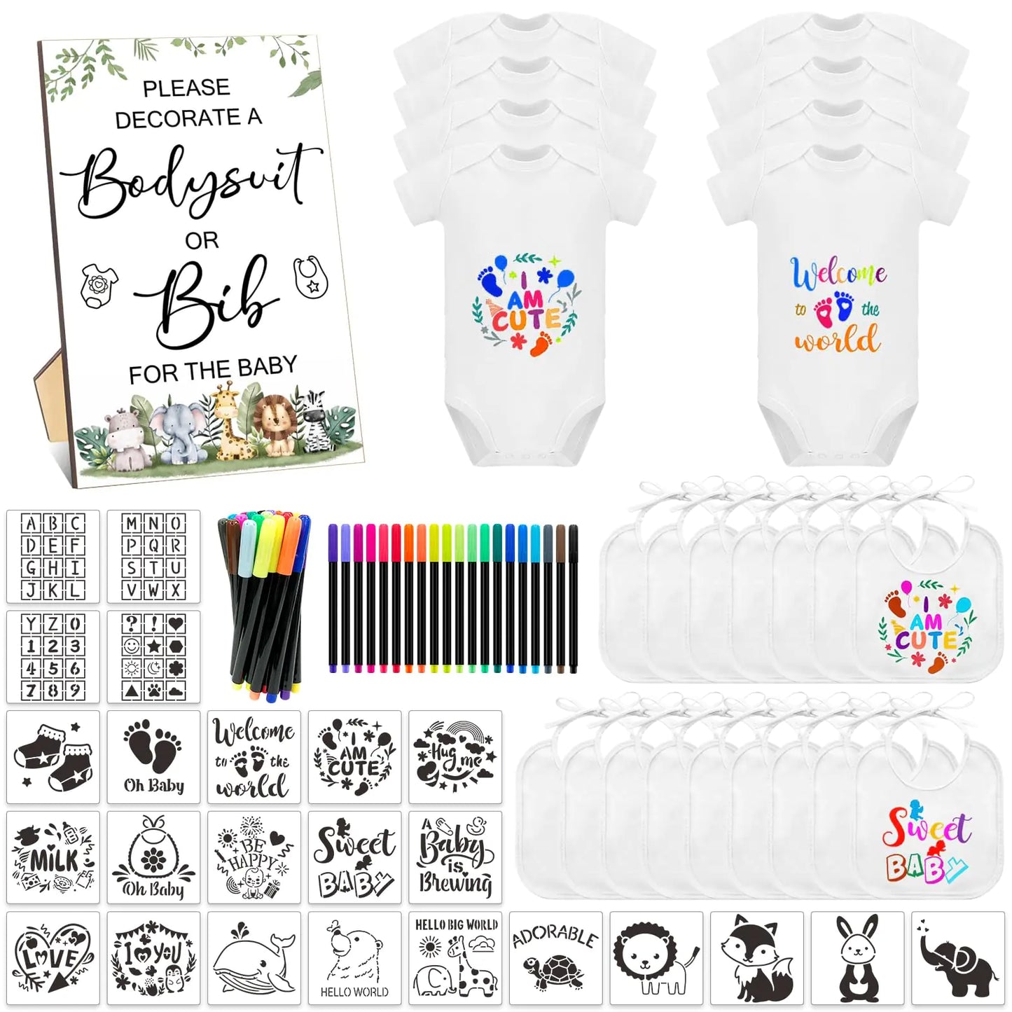 SytuHete 69 Pcs Baby Bib | Bodysuit Baby Shower Set | Baby Shower Game Sign | Baby Feeder Bib | Newborn Bodysuit Fabric Marker - # BAAA21110034