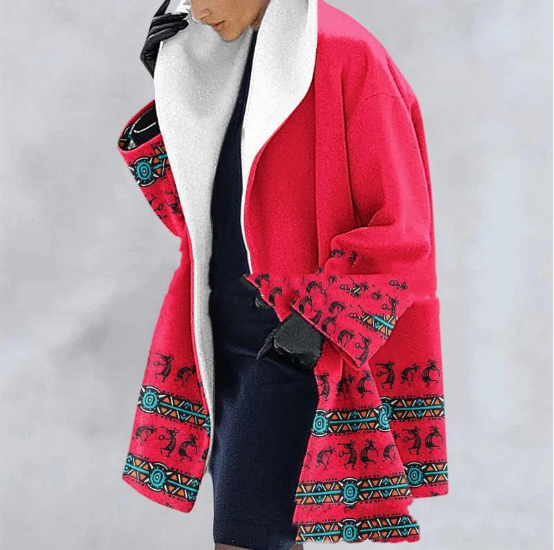 Thick Women Woolen Print Hooded Loose Medium Coat - # GIAA23210007
