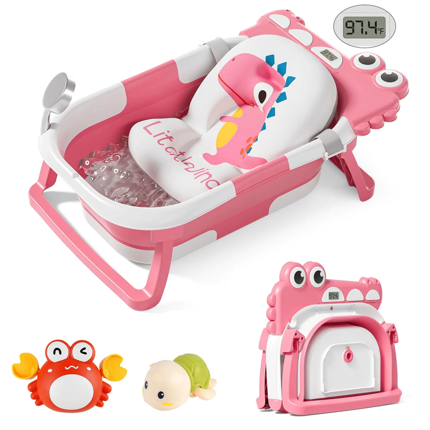 TPN Collapsible Baby Bathtub | For Infants to Toddler | With Real-time Temp Monitor + Floating Cushion | Foldable Baby Bath Tub Set | Applicable 0-36 Month | Perfect Portable Travel Baby Tub | For Newborn Girls - # BAGE11110018