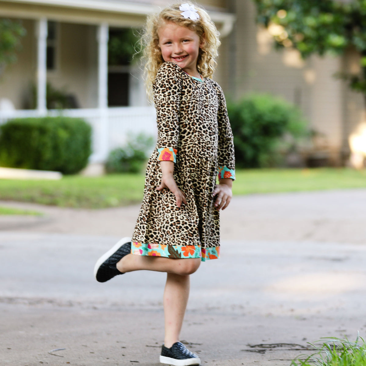 AnnLoren Big Girls Long Sleeve Leopard Fall Floral Dress Boutique