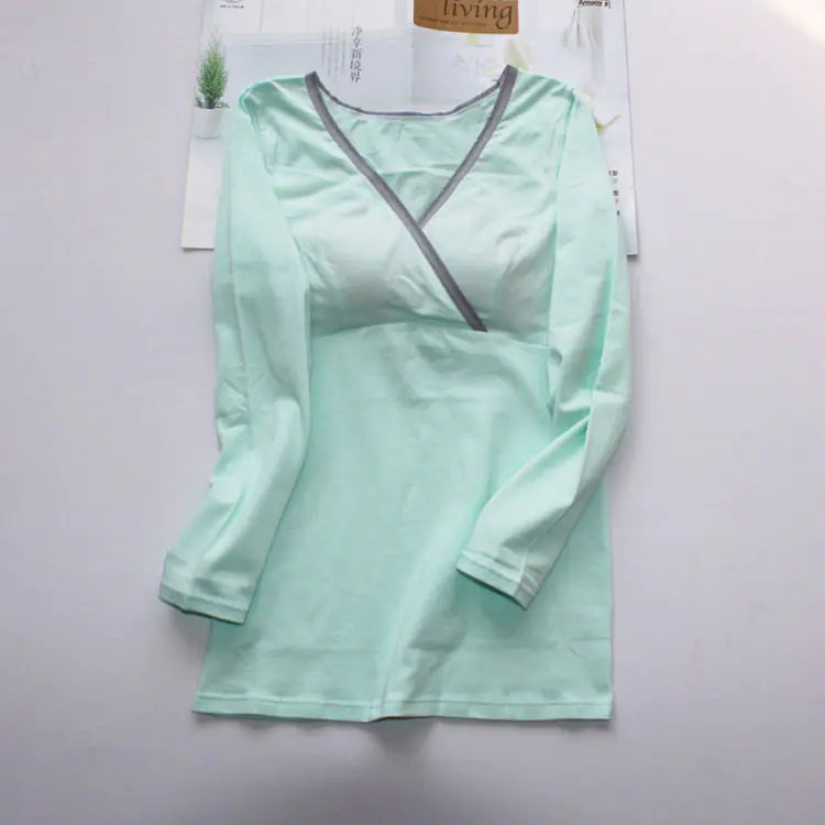 Women's Cotton Nursing Top, Long Sleeve V-Neck T-Shirt - # NURSGA11110105