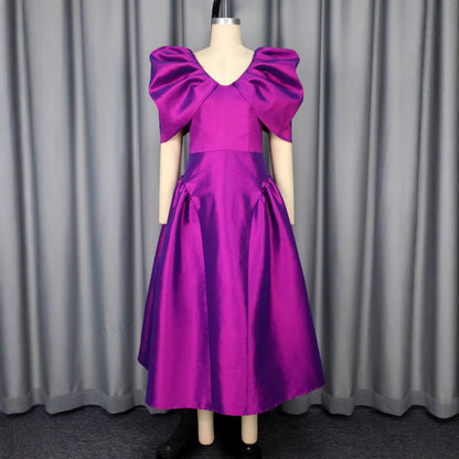 Puff Sleeve Evening Dress A Hem Pleated Banquet Dress