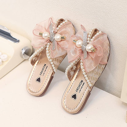 Girls' Children's Slippers Summer Style Fish Mouth Outdoor Half Drag Sandals Fashionable Middle-aged Children's Bow One Line Cool Drag