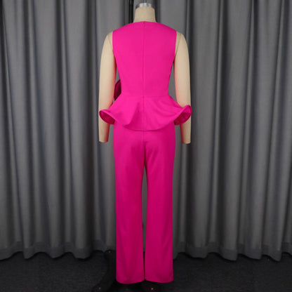 Three-dimensional Flower V-neck Sleeveless Top High Waist Fashion Straight-leg Pants