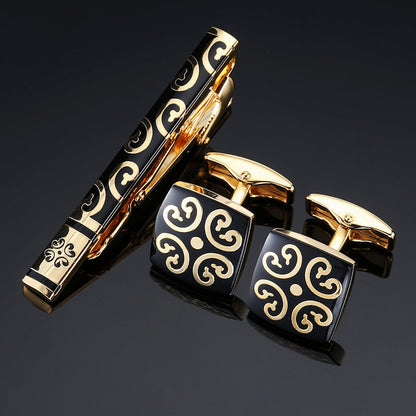 Gold And Silver Black Crystal Rose Enamel Pattern Batch Flower Tie Clip Cuff Buckle Set