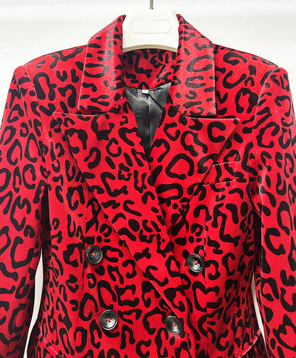 Leopard Print Double Breasted Blazer & Midi Pencil Skirt 2-Piece Suit Set