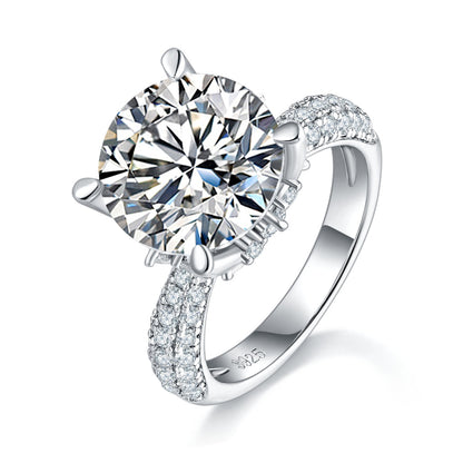 S925 Sterling Silver 5ct Moissanite Engagement Ring, 11mm D-VVS1 Round Cut, 4-Prong Pave Band, Platinum Plated US Sizes 5-9, GRA Certificate Gift Box