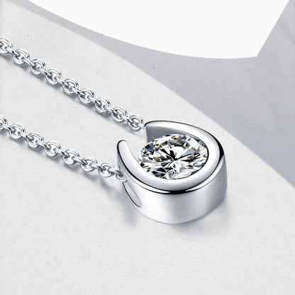 S925 Sterling Silver Minimalist Pendant Necklace, 1ct D-VVS1 Moissanite, Horseshoe Bezel Setting, Platinum Plated 38&41cm Chain, 2.4g GRA Certificate Gift Box