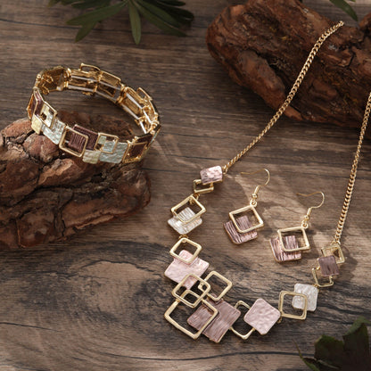 Color Painting Oil Geometric Square Ear Studs Bracelet And Necklace Set