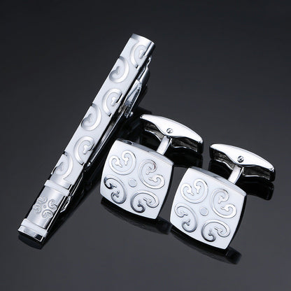 Gold And Silver Black Crystal Rose Enamel Pattern Batch Flower Tie Clip Cuff Buckle Set