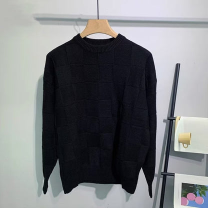 Laid-back Solid-color Checkerboard Knit Sweater