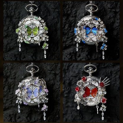 Couples Teal And Green Butterfly Animated Pocket Watch For Graduation Season