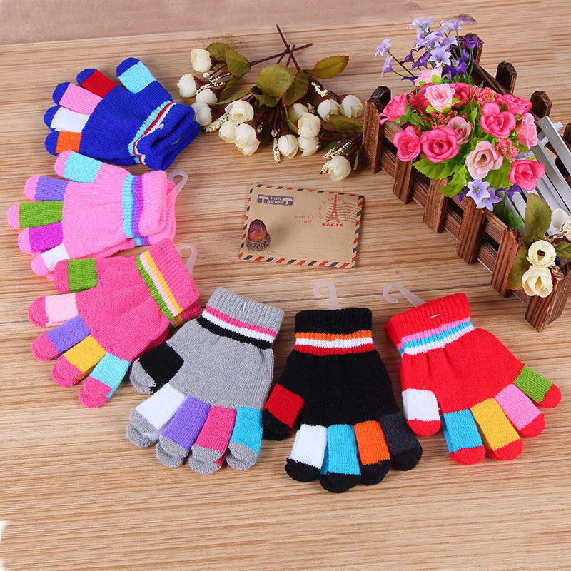 Knitted Thick Color Striped Full Finger Warm Gloves