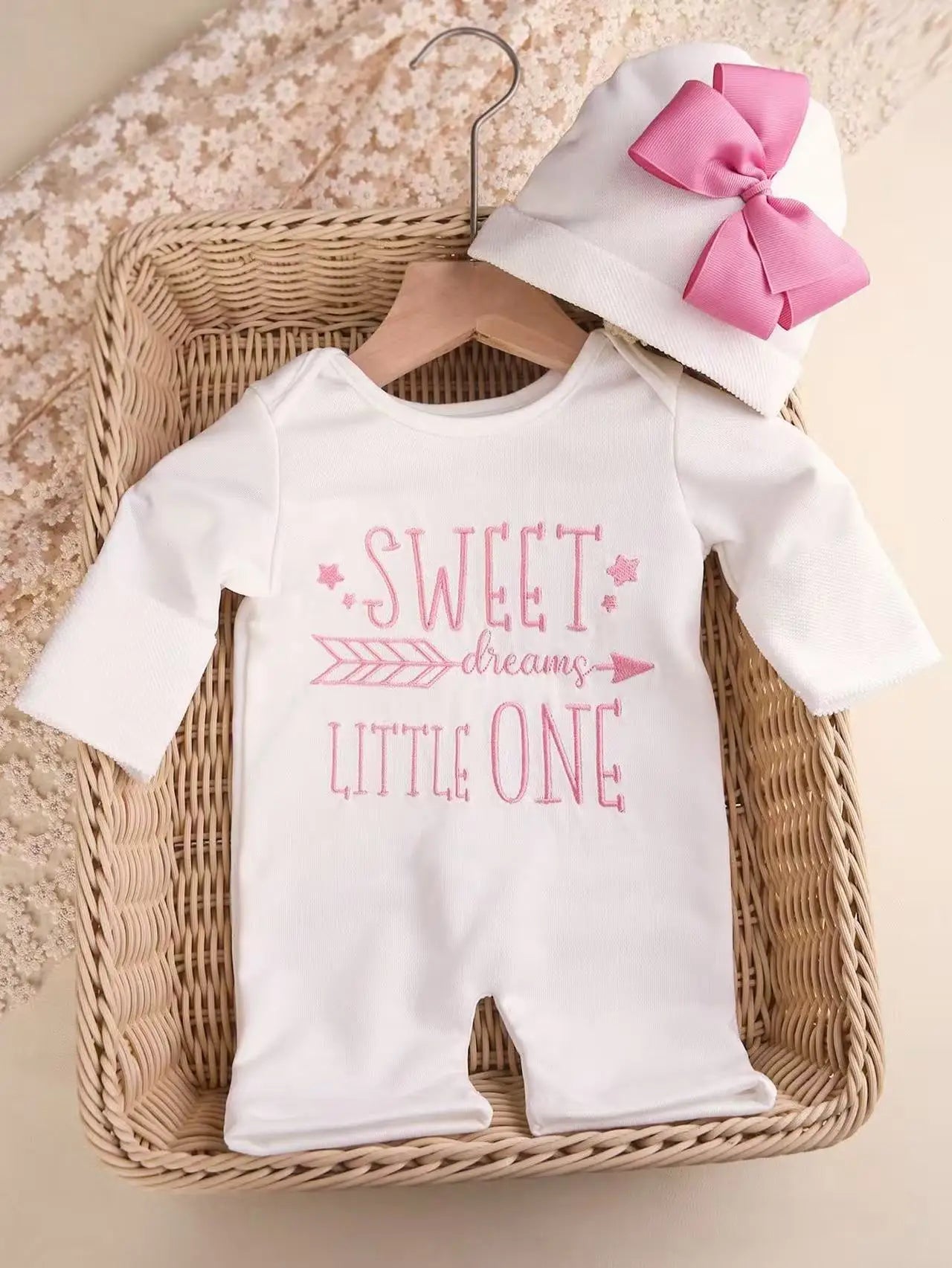 Ylsteed 2Pcs Newborn Photography Long Tleeves Romper Jumpsuit With Bow Hat Embroidery Baby Clothes Photography Props-HD