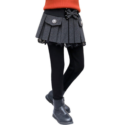 Thickened Fleece-Lined Base Leggings With Beaded Bow In Two Colors