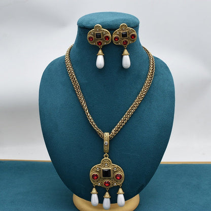 Vintage Glass Inlaid Tassel Pearl Necklace Ear Stud