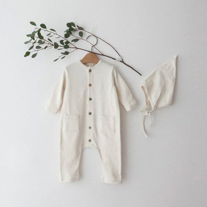 Solid-color Pocketed Chest-opening Baby Romper