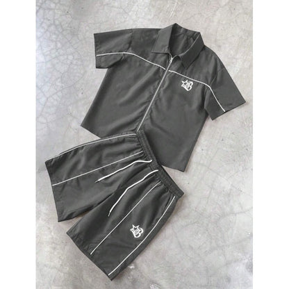 Striped Zip-front Short-sleeve Shirt And Shorts Set