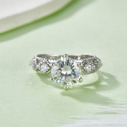 6-Prong 2 Carat Round Moissanite Engagement Ring, Split Shank S925 Silver Platinum Plated D Color VVS1 With GRA Certificate, US 5-9.
