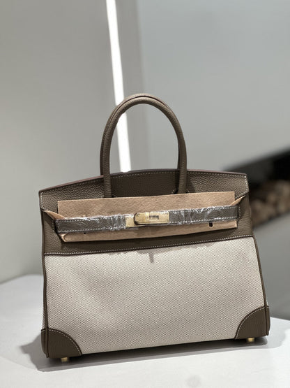 New Cross-border Genuine Leather Birkin Bag, Cowhide With Fabric Large Tote, Commuter Handbag With A High-end Kelly Bag Feel