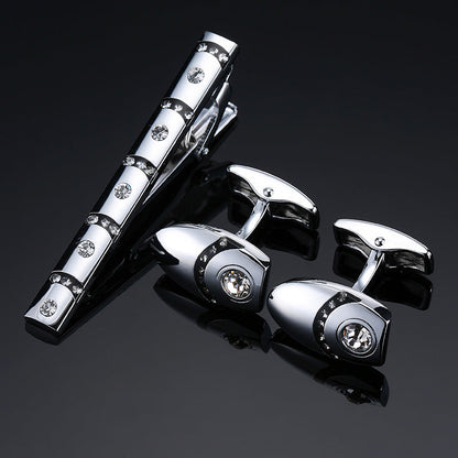 Gold And Silver Black Crystal Rose Enamel Pattern Batch Flower Tie Clip Cuff Buckle Set