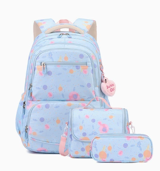 Three-piece Cartoon-print Set Junior High School Backpack Weight-reducing Campus Bag