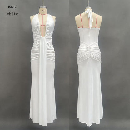 Solid Color Elegant Halter Deep V Waist-slimming Long Dress