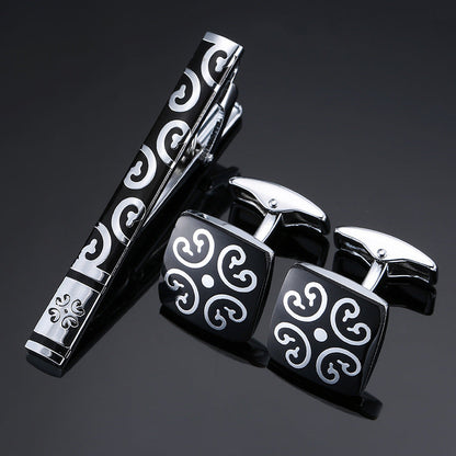 Gold And Silver Black Crystal Rose Enamel Pattern Batch Flower Tie Clip Cuff Buckle Set