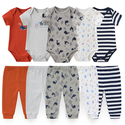 Kiddiezoom 10 Pcs/Lot Four Seasons Fashion Unisex Baby Boy Girl Clothing Set Soft Newborn Bodysuits+Pants Infant Outfit Gift