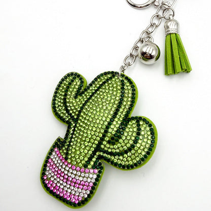 Diamond-Encrusted Cactus Keychain With Tassel Metal Pendant