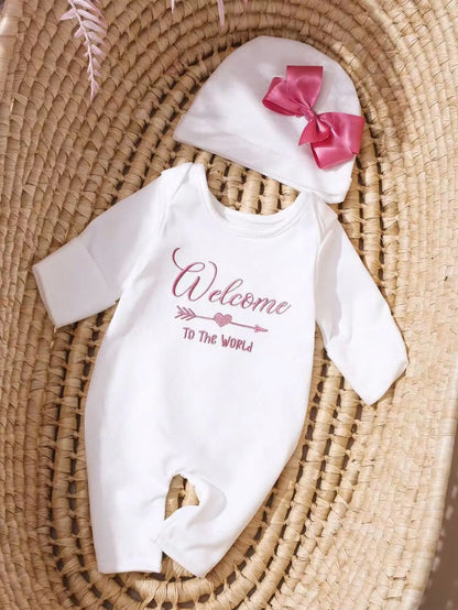 Ylsteed 2Pcs Newborn Photography Long Tleeves Romper Jumpsuit With Bow Hat Embroidery Baby Clothes Photography Props-HD