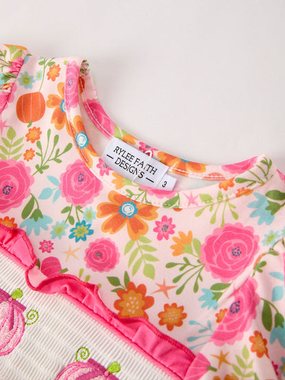 Autumn Thanksgiving Pumpkin Embroidery Smock Floral Girls Dress