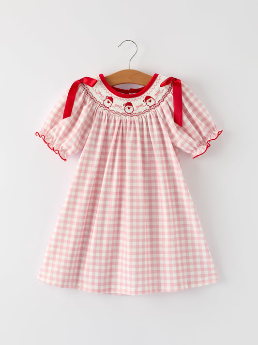 Pink Gingham Christmas Girls Dress: Santa Embroidery with Red Satin Ribbon