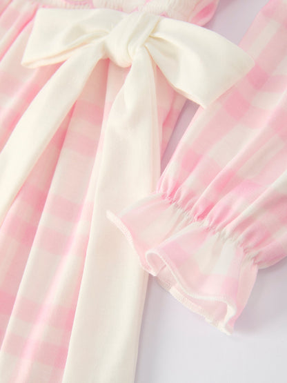 Fall Pink Plaid Ruffle Ballet Shoe Embroidery Long Sleeve Dress